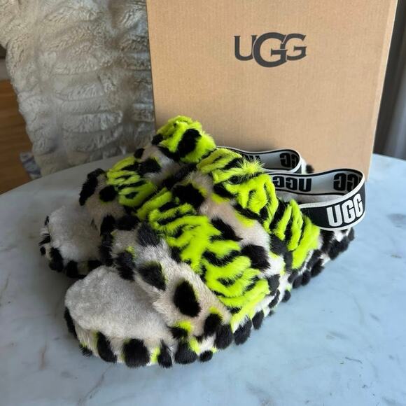 UGG Fluff Yeah Animalia Leopard Print Slingback Sandal Slippers - Picture 1 of 15